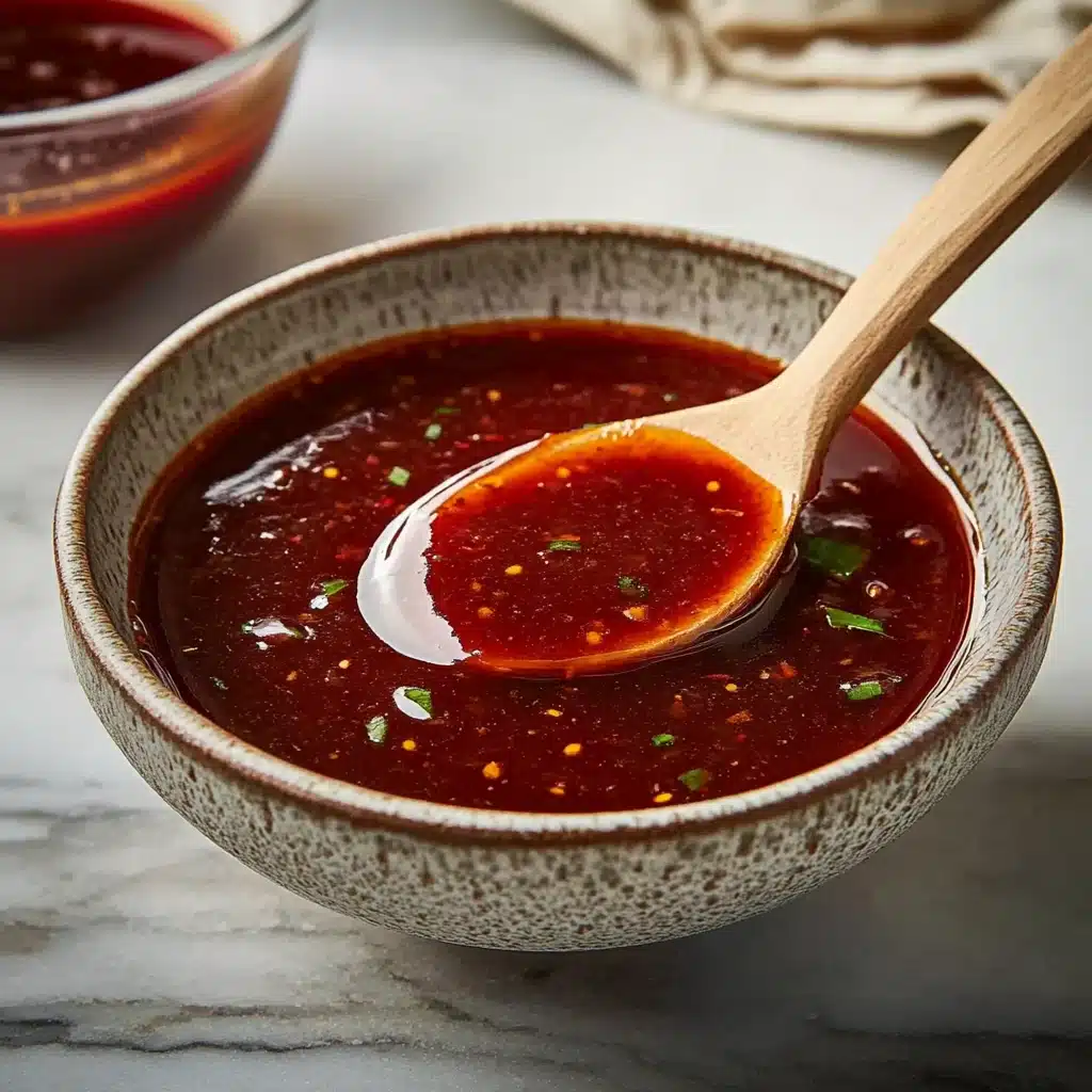 a spoon full of dragon sauce on top of a bowl filled with beans and garnish