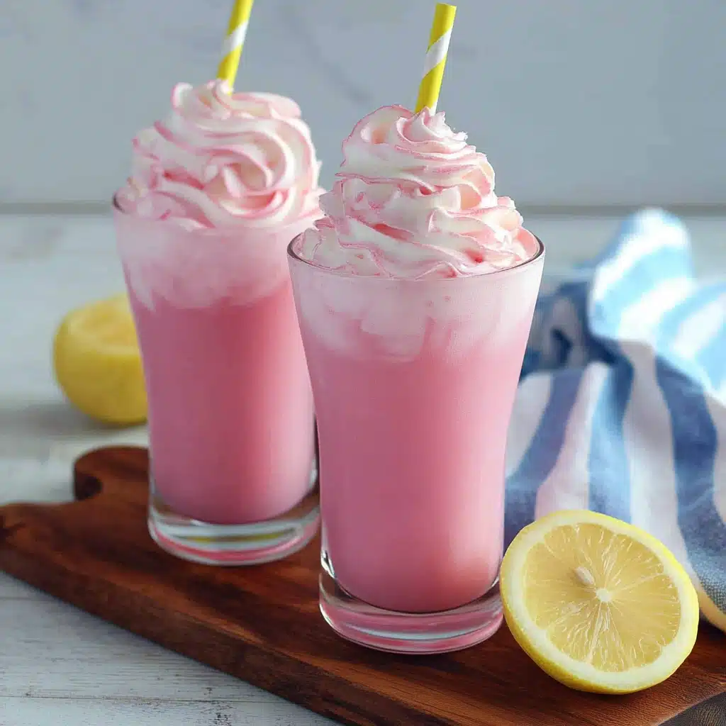 two glasses filled with whipped pink lemonade