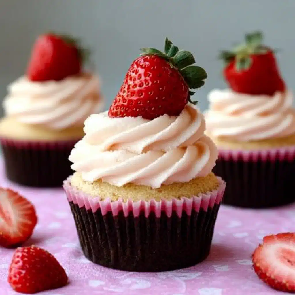 cupcakes with white frosting and strawberries on top