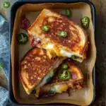 A roasted jalapeno popper grilled cheese sandwich on a plate, cut open showing the filling. Three additional images of the sandwich are shown indicating the assembly one with jalapeno cream cheese, one with bacon, and finally with cheese.