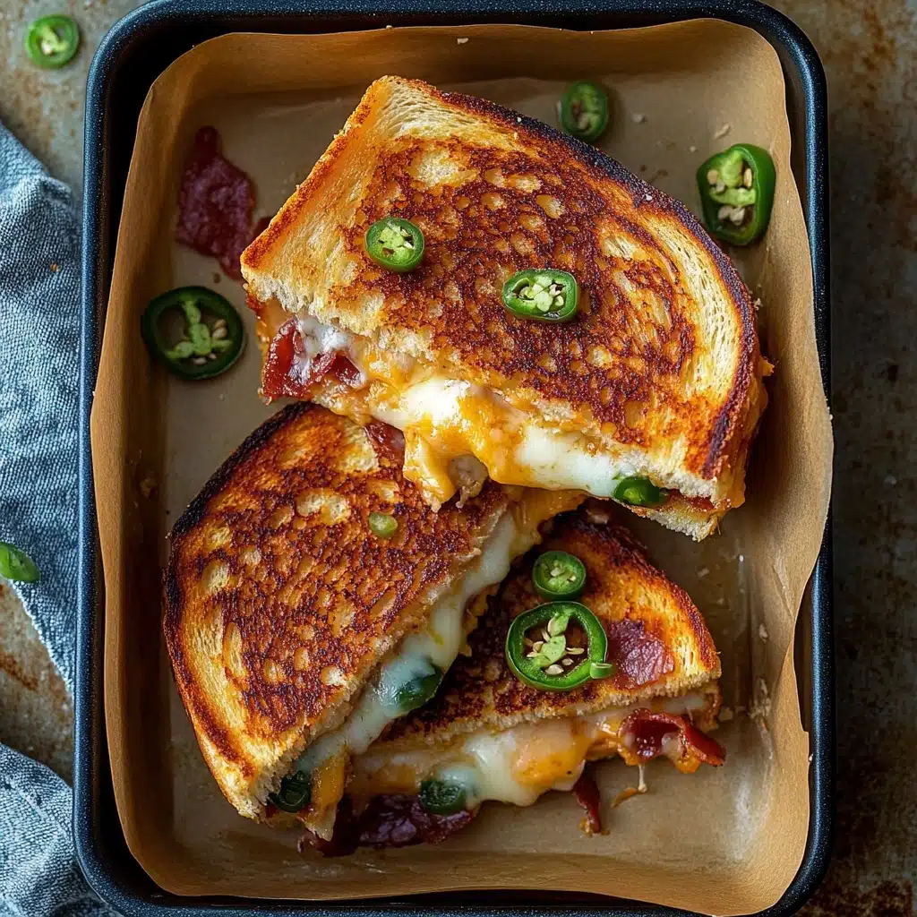 A roasted jalapeno popper grilled cheese sandwich on a plate, cut open showing the filling. Three additional images of the sandwich are shown indicating the assembly one with jalapeno cream cheese, one with bacon, and finally with cheese.