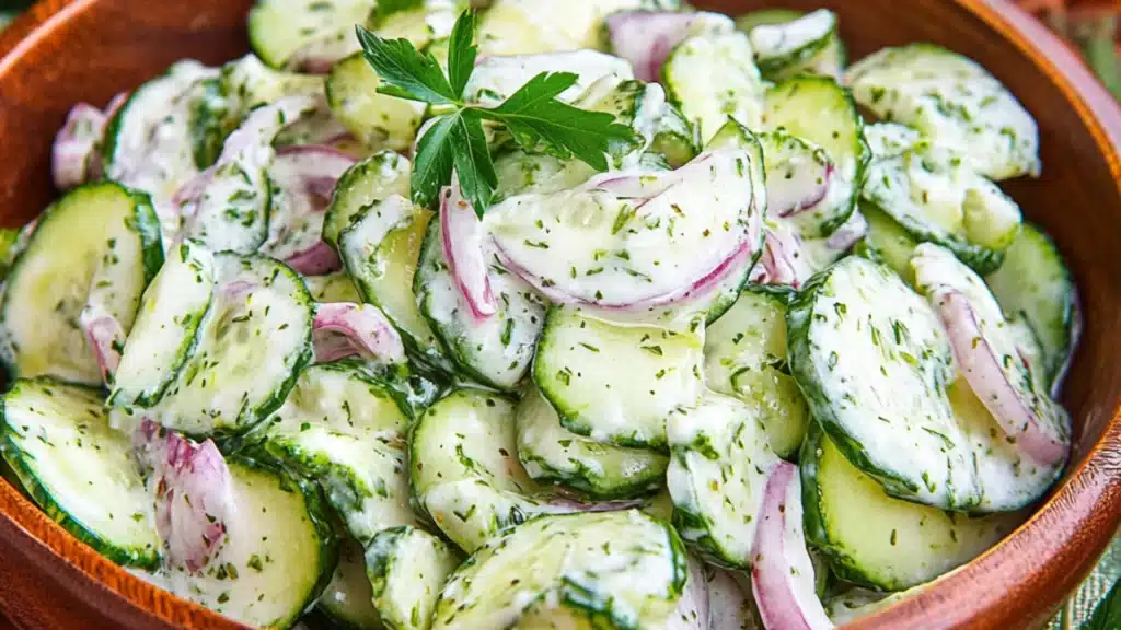 cucumber salad in a glass bowl with a wooden spoon next to it and the words quick & creamy cucumber salad