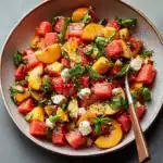 watermelon salad with mint and feta cheese in a white bowl on the side