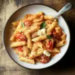 creamy tomato ricotta pasta on a plate with basil