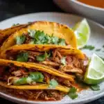 the crock pot burrito tacos are served with salsa and lime wedges