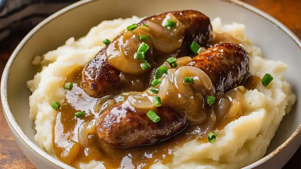 sausages and mash with guinness gravy in a skillet