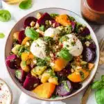a bowl filled with beets, carrots and an egg on top of it