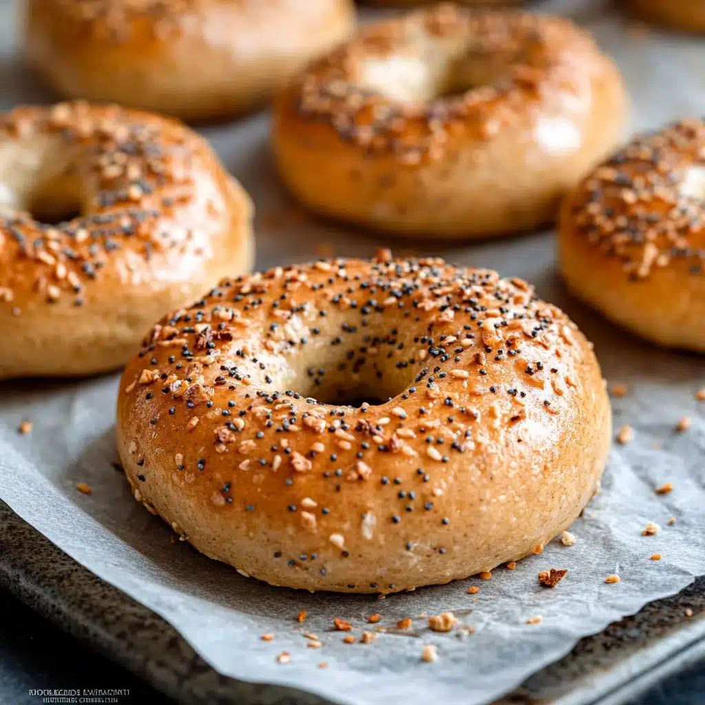 three bagels with sesame seeds and ketchup on the side text overlay reads greek yogurt protein bagels