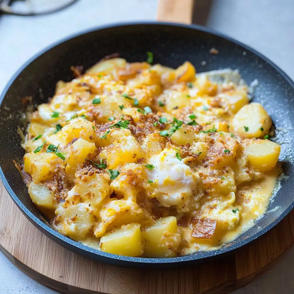 two plates filled with potato egg scramble on top of a wooden table next to an orange napkin