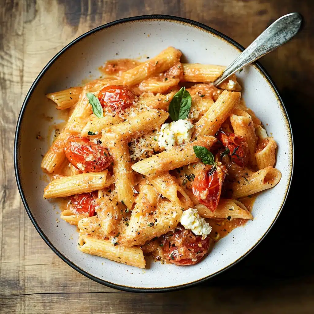 creamy tomato ricotta pasta on a plate with basil