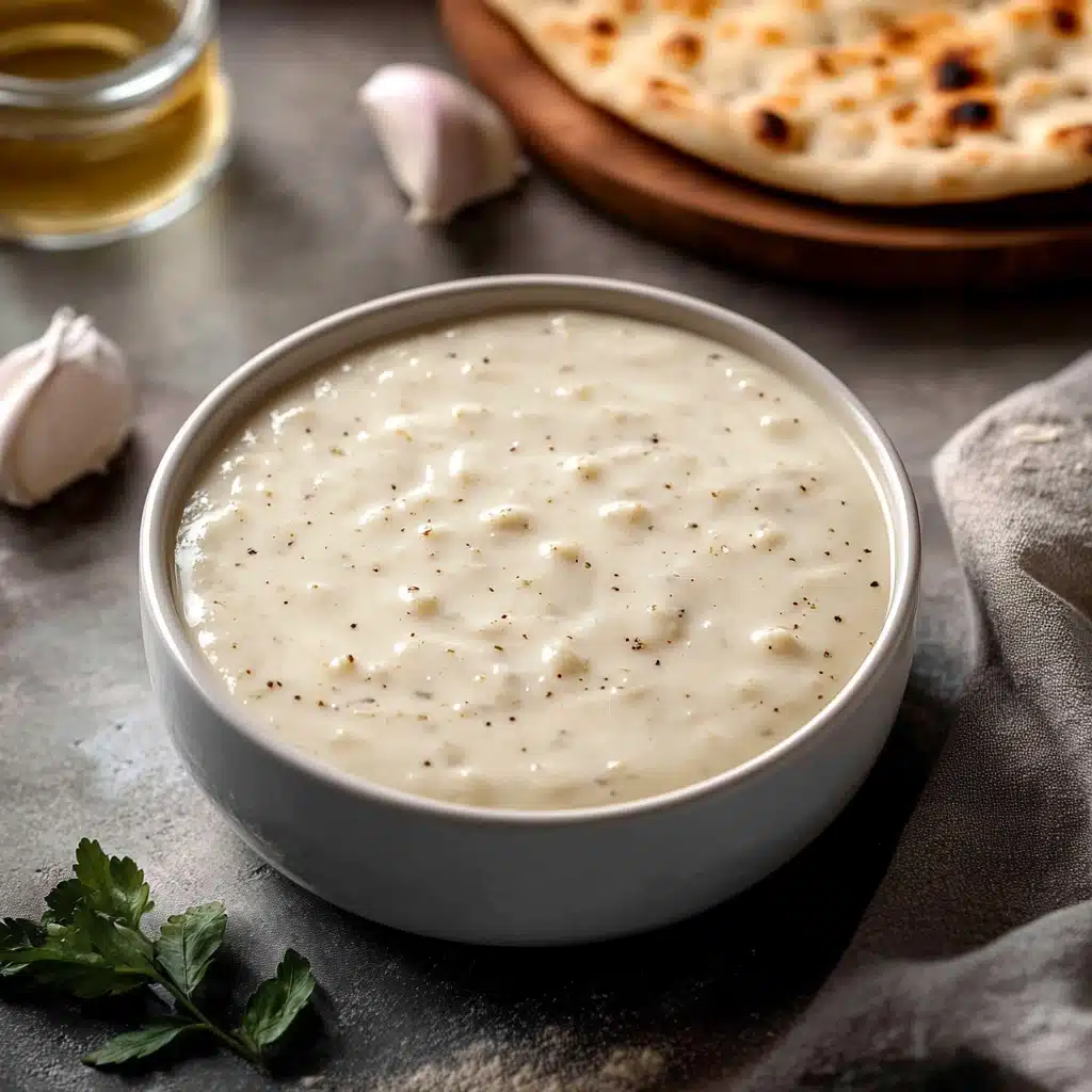garlic sauce for pizza in a wooden bowl