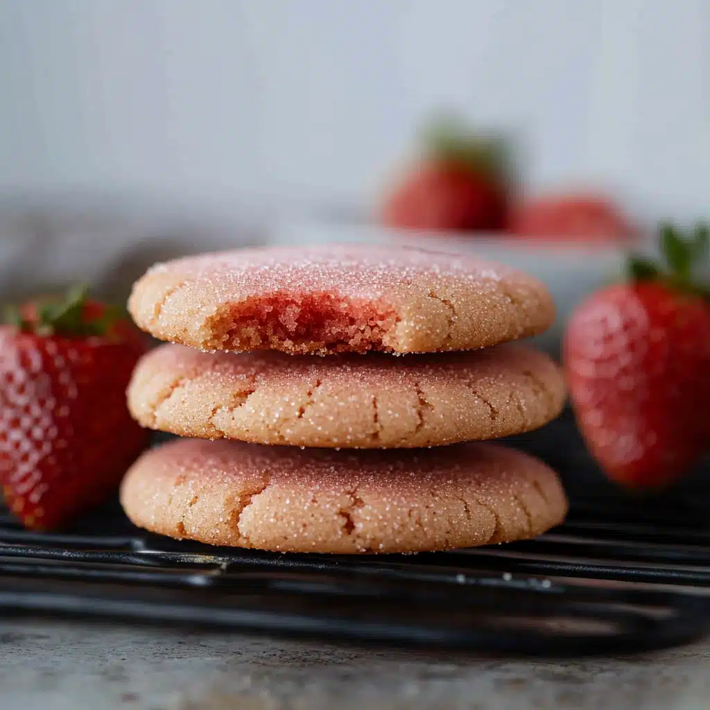 red cookies and strawberries are arranged on a black tray, ready to be eaten