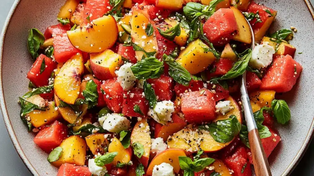 watermelon salad with mint and feta cheese in a white bowl on the side