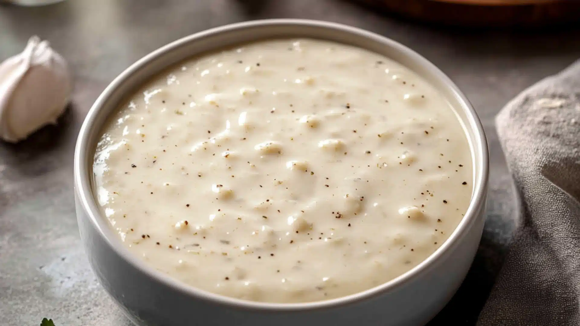 garlic sauce for pizza in a wooden bowl