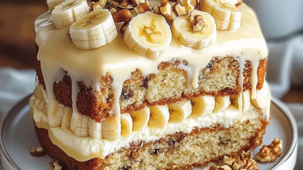 two slices of heavenly banana walnut cream cake