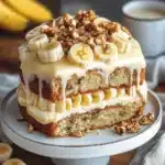 two slices of heavenly banana walnut cream cake