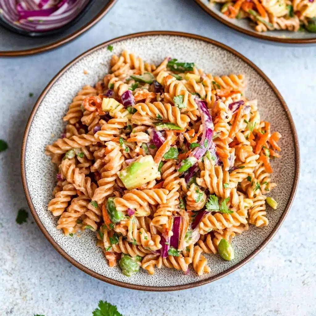 a bowl filled with pasta and vegetables next to the words protein packed thai pasta salad