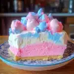 an advertisement for cotton candy cheesecake on a blue plate