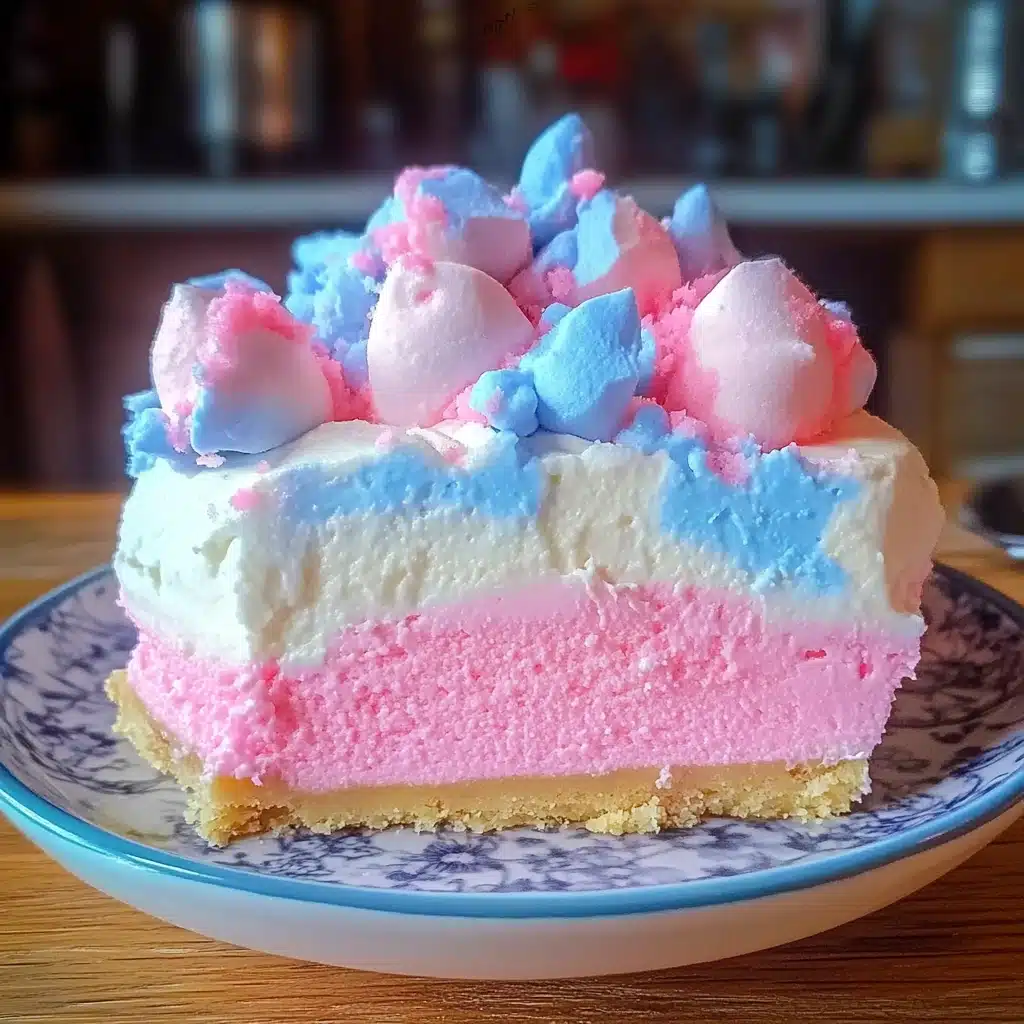 an advertisement for cotton candy cheesecake on a blue plate