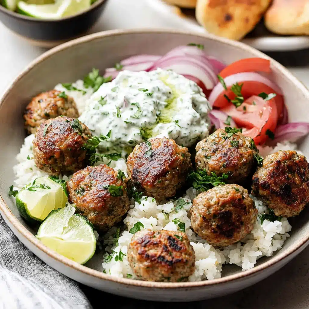 greek turkey meatballs with tzatzziki on a white plate and in the background
