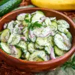 cucumber salad in a glass bowl with a wooden spoon next to it and the words quick & creamy cucumber salad