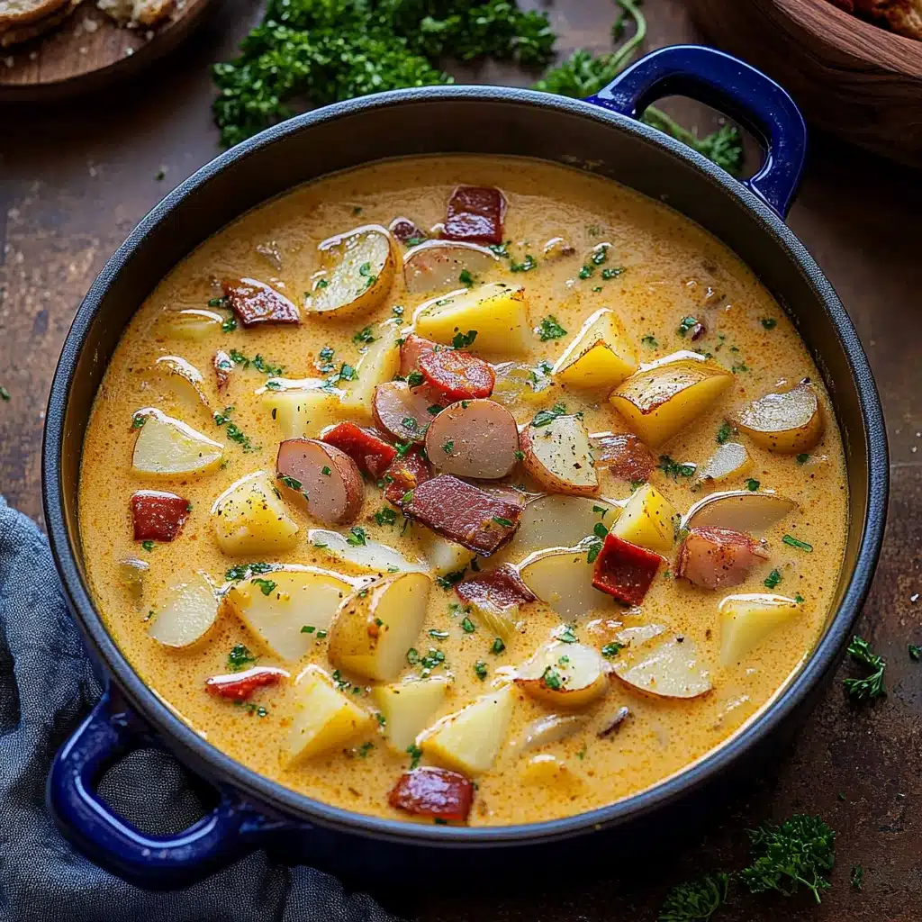 two bowls filled with cajun potato soup on top of a table