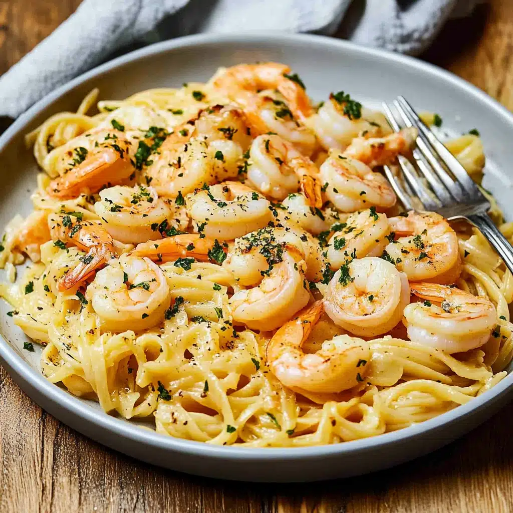 shrimp scampi pasta bake in a casserole dish with text overlay