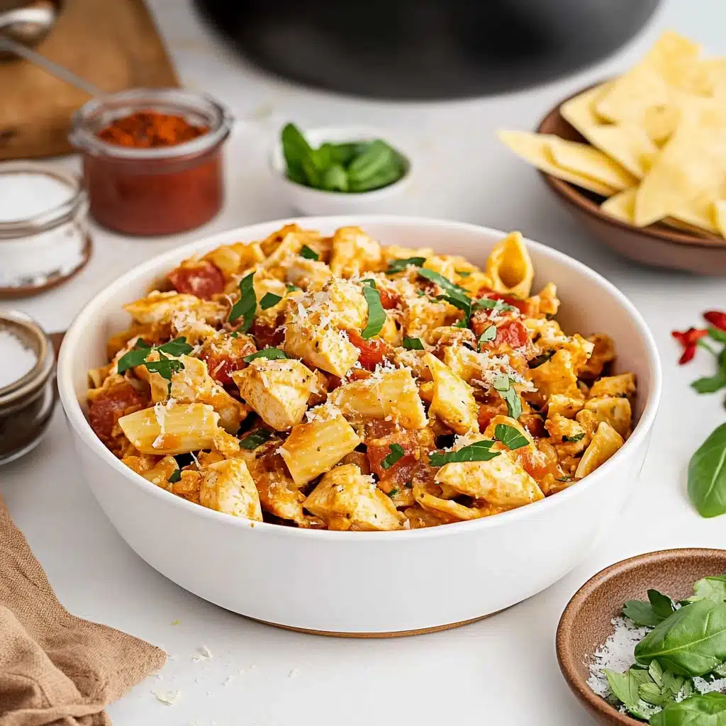 chicken mozzarella pasta in a glass casserole dish
