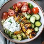 two plates filled with chicken, cucumber and tzatzki bowls next to each other