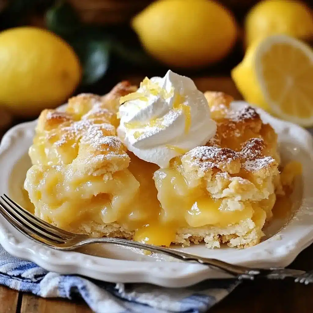 a lemon cobbler is shown in two dishes with the words, magic lemon cobbler