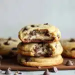 chocolate chip cheesecake cookies stacked on top of each other with the title in the middle