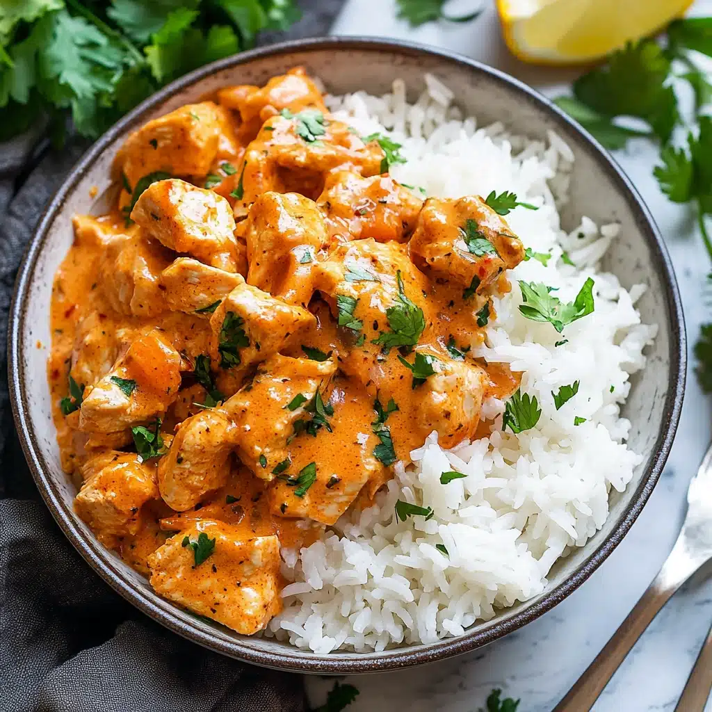a white bowl filled with chicken and rice next to cilantro on a table