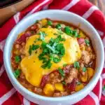 easy and tasty slow cooker cowboy casserole recipe with ground beef, potatoes, and cheese