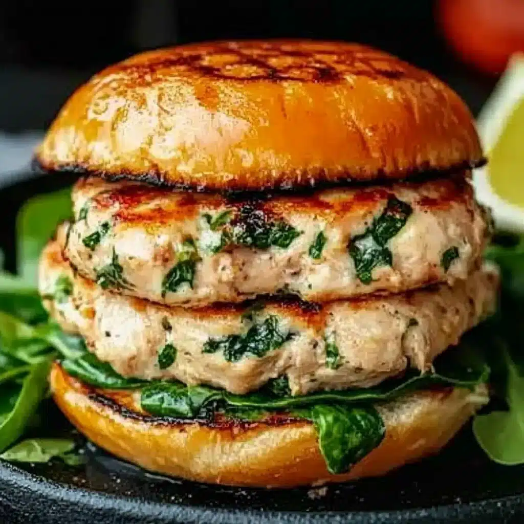 grilled chicken and spinach burgers on buns with greens in the background