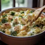 chicken and broccoli baked alfredo in a bowl