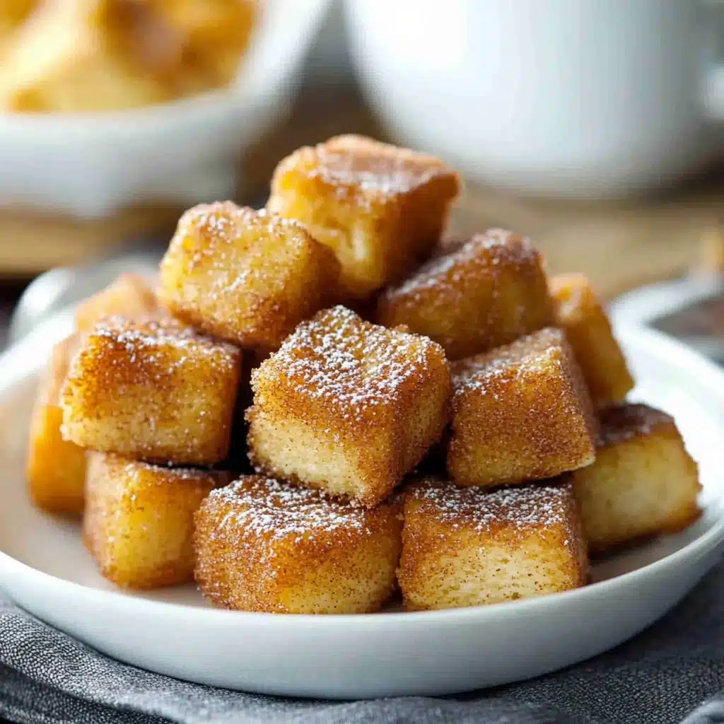 cinnamon sugar french toast muffins stacked on top of each other with text overlay