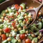 chickpea cucumber salad in a jar with text overlay that says quick and easy healthy