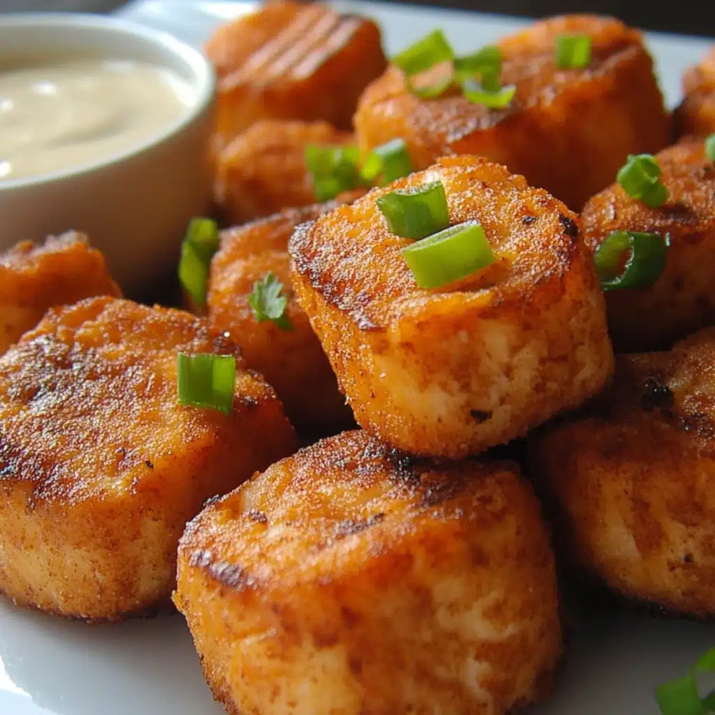 crispy bang bang salmon bites on a white plate