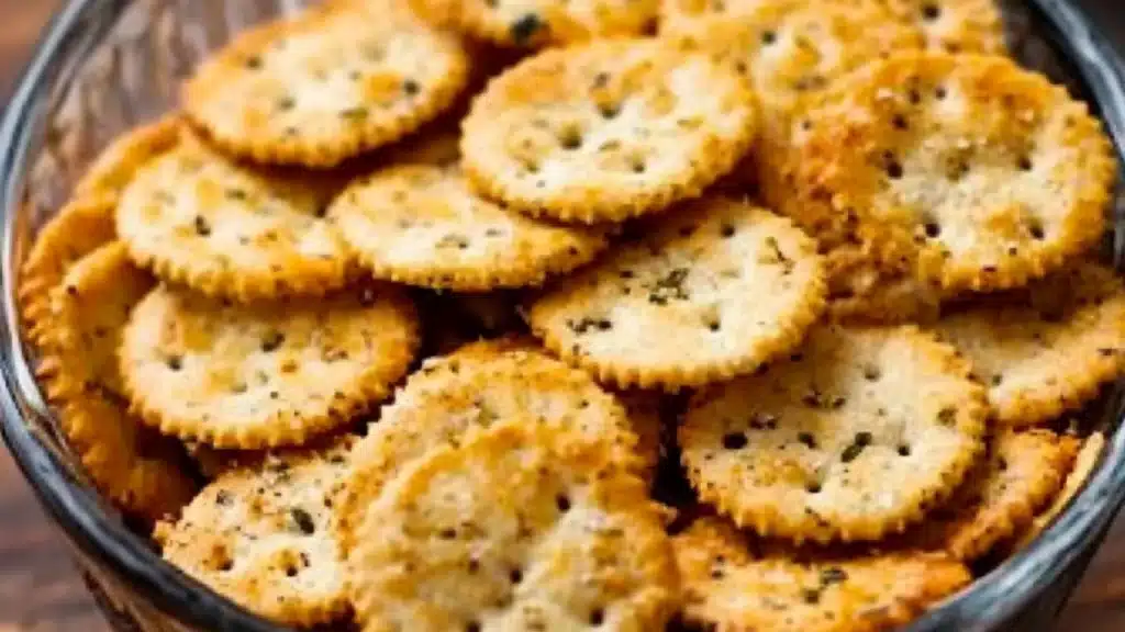 garlic ritz snacks in white bowls on a table