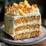a close up of a piece of cake on a plate with the words hawaiian pineapple carrot cream cake