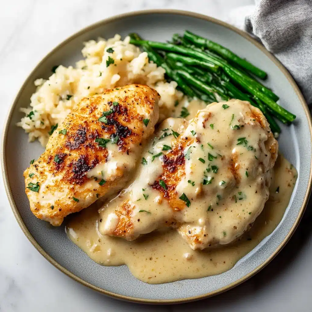 chicken with gravy sauce is being served in a white bowl