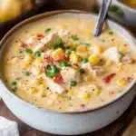 two bowls of crockpot chicken chowder with bread on the side and text overlay