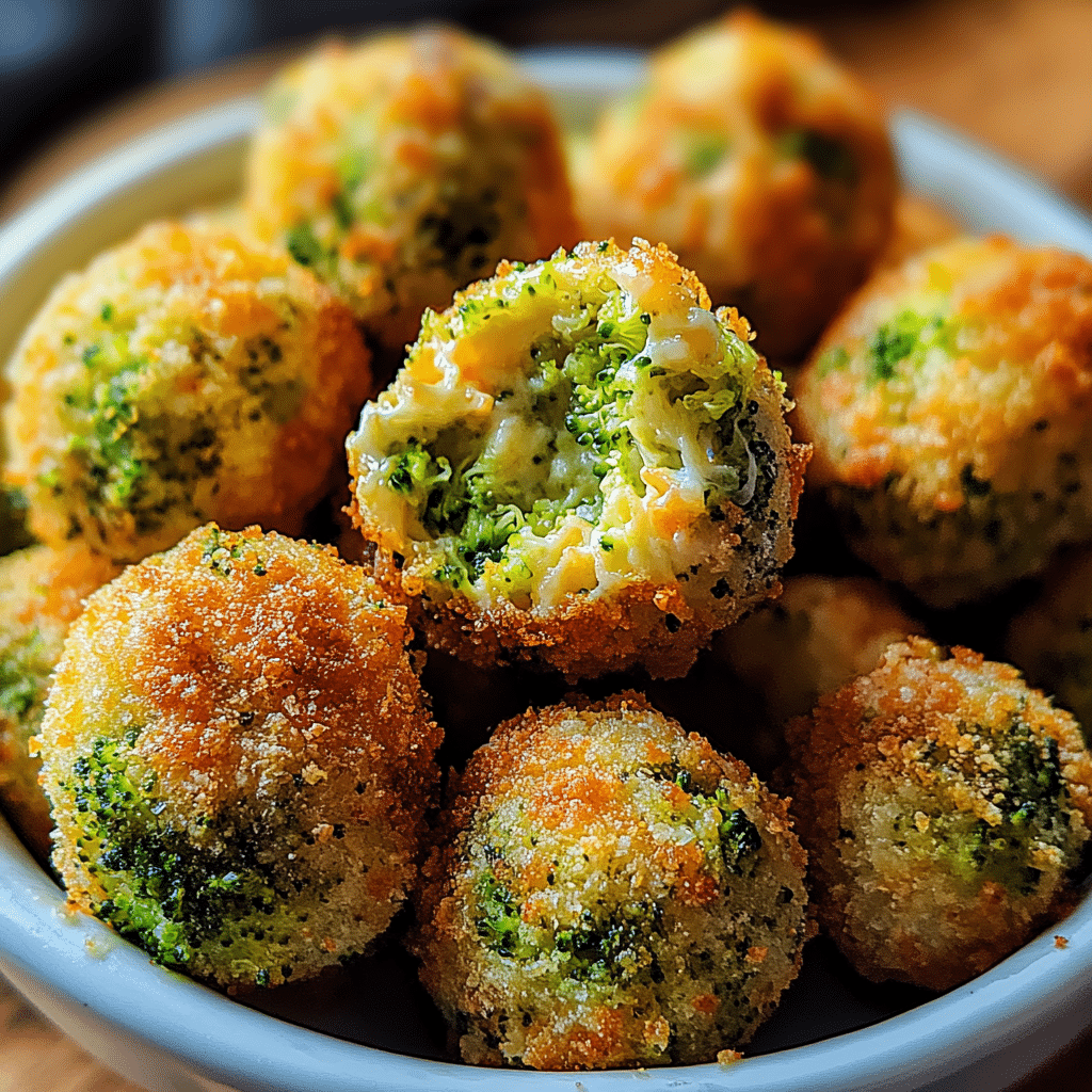 crispy broccoli cheese balls are piled on top of each other in bowls