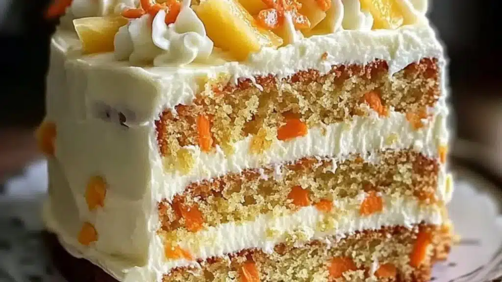 a close up of a piece of cake on a plate with the words hawaiian pineapple carrot cream cake