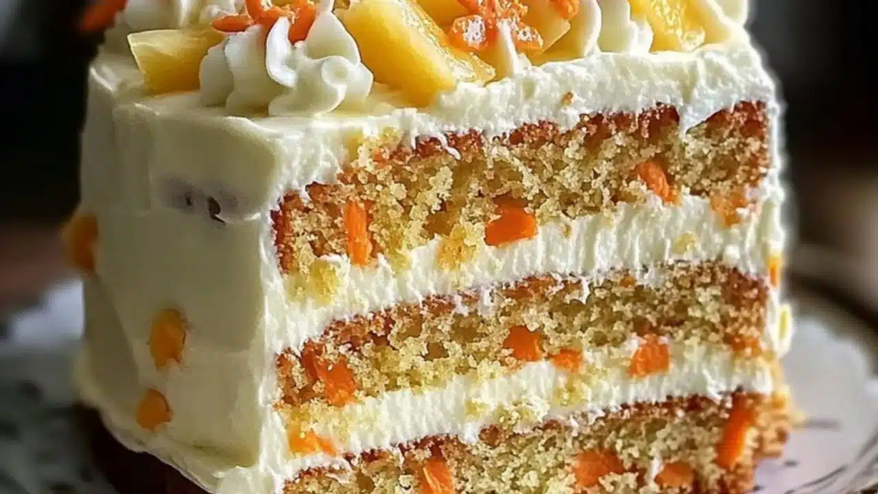 a close up of a piece of cake on a plate with the words hawaiian pineapple carrot cream cake