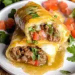 two burritos with meat and cheese on a plate