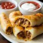 cheese taco sticks on a white plate with sauce in the middle and other food items