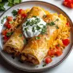 chicken chimichangas on a plate with rice and salsa