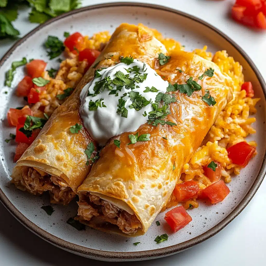 chicken chimichangas on a plate with rice and salsa