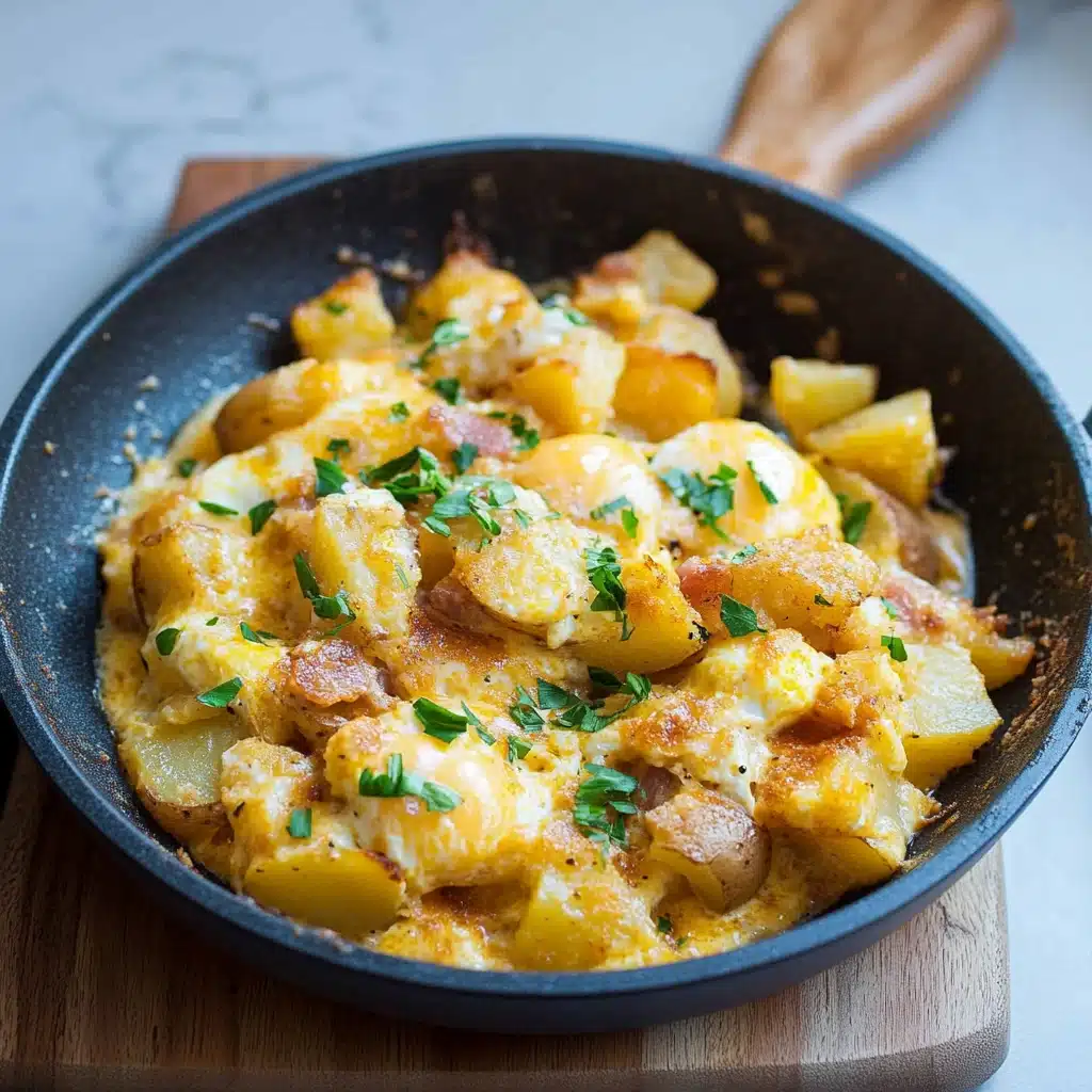 two plates filled with potato egg scramble on top of a wooden table next to an orange napkin